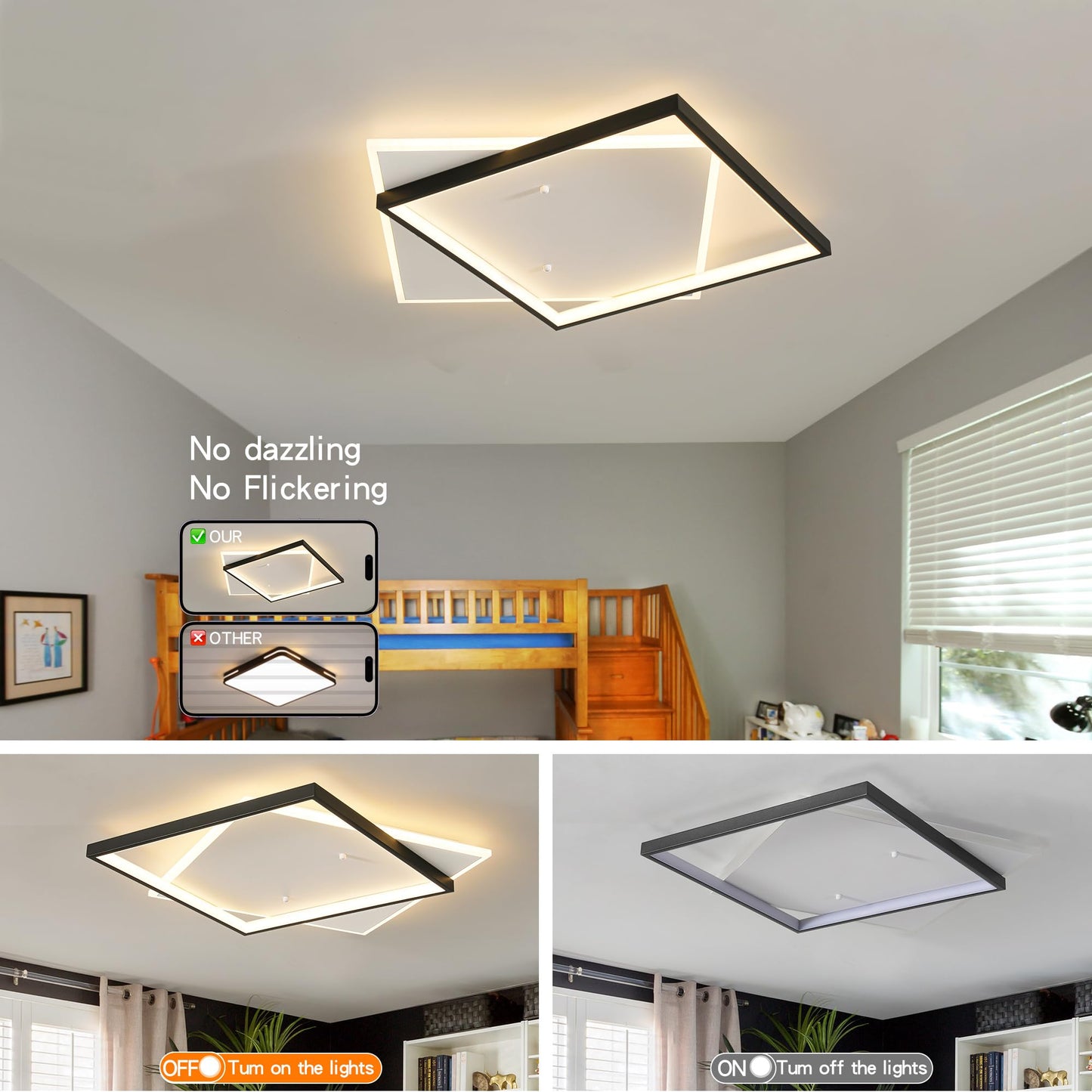 Shine LUEST Black Modern LED Bedroom Ceiling Light Dimmable Flush Mount Ceiling Light Fixture 22" Square Ceiling Lamp with Remote Control Kitchen Lighting Fixture Ceiling,Suitable for Bedroom,Hallways