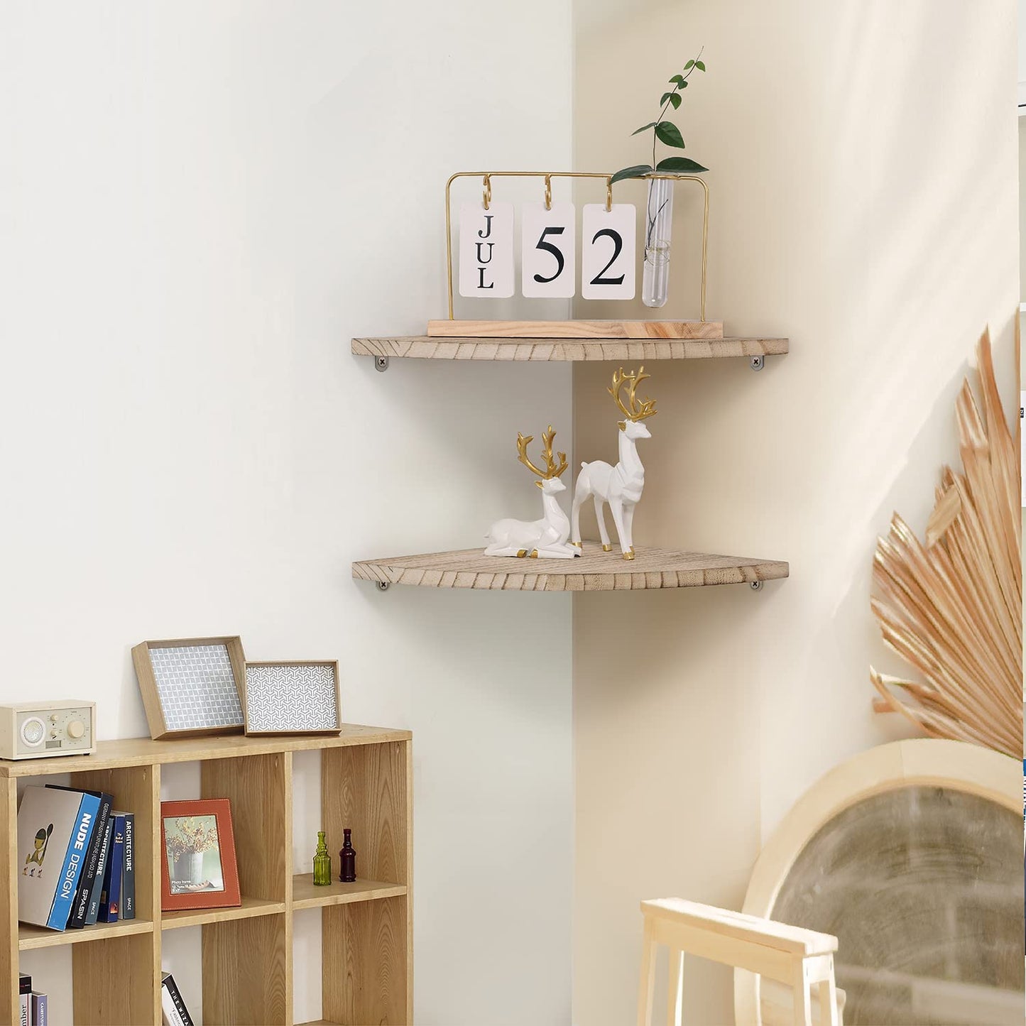 JORIKCHUO 10 inch Corner Wall Shelf, Set of 2 Solid Wood Corner Floating Shelves for Wall, Round End Wall Mounted Floating Corner Shelf for Bedroom, Living Room and Kitchen (Carbonized-10 inch)