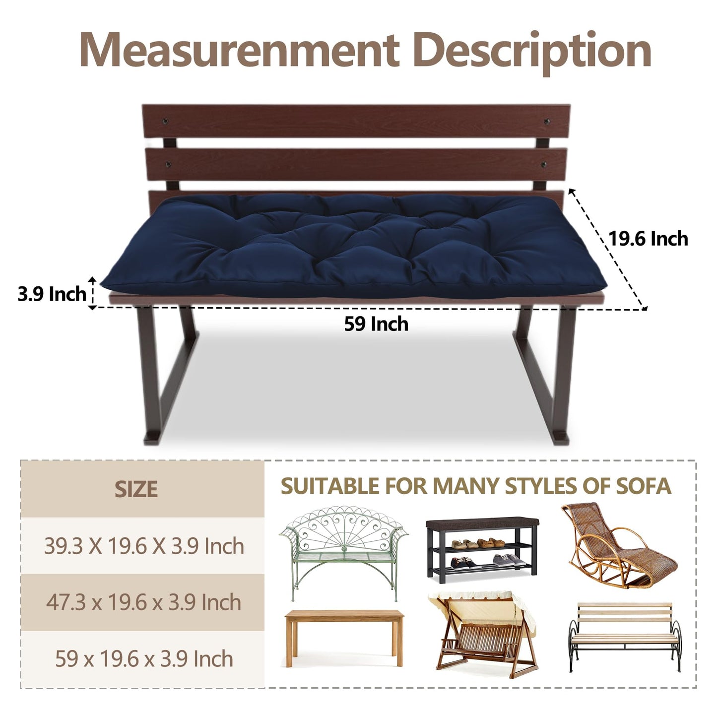 Yddsky 59 inch Waterproof Indoor/Outdoor Garden Bench Seat Cushions,Thicken Patio Bench Soft Rocking Chairs Pad Lounger Seat for Porch Wicker Loveseat Settee (59x19.6x3.9 inch,Navy
