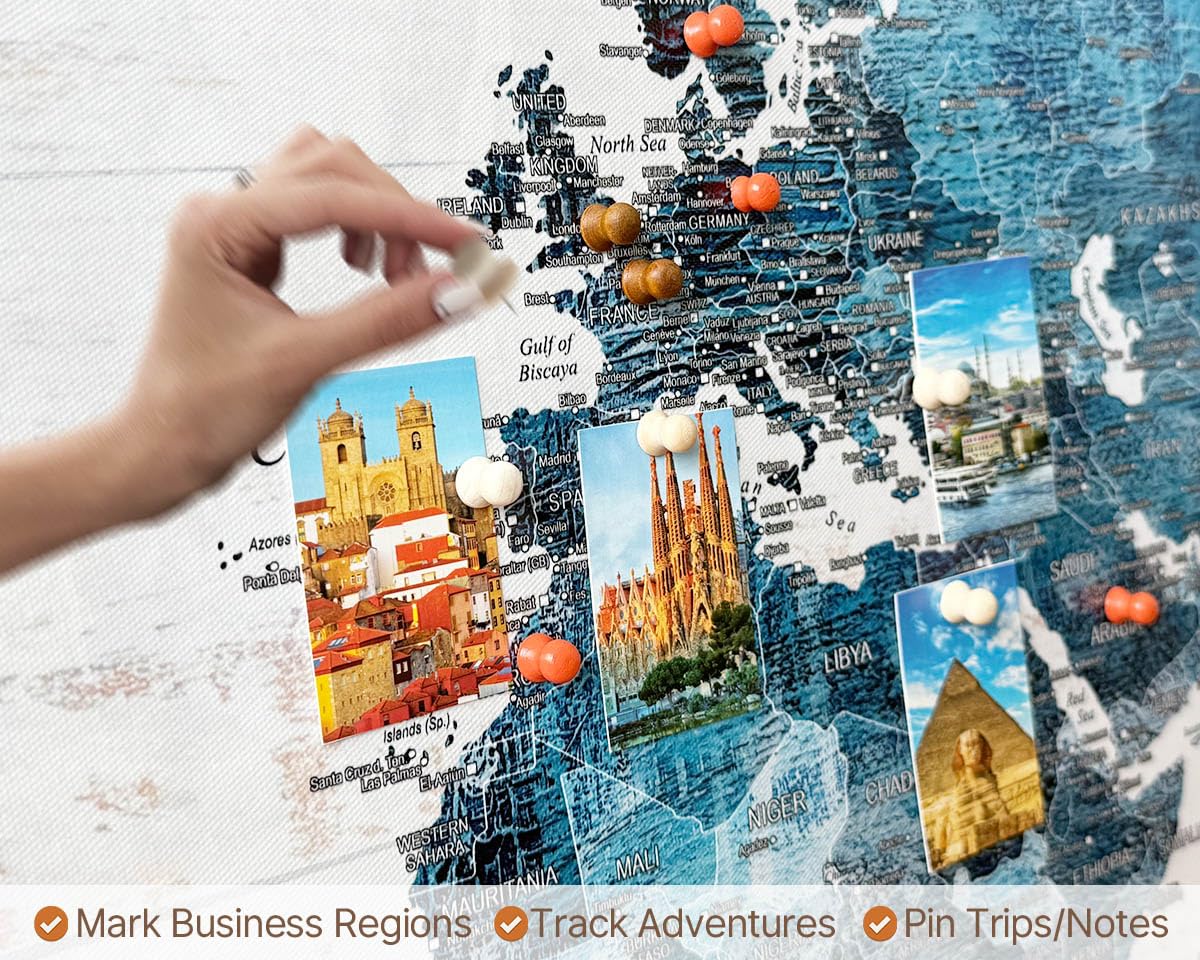 GIFTTWART Canvas Wall Art Office Artwork Large Modern Abstract Map of the World Push Pin Board Travel Map Blue Pictures for Living Room Bedroom Dining Room Motivational Home Decor