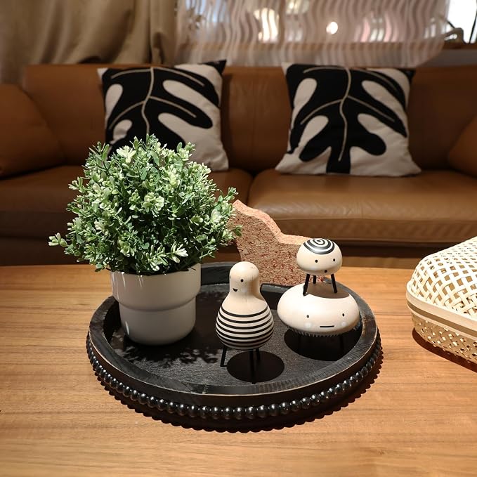 Hrastany Round Wooden Serving Tray with Beads, Circle Vintage Black Wood Coffe Table Tray for Dining Room Table Centerpiece, Kitchen Counter