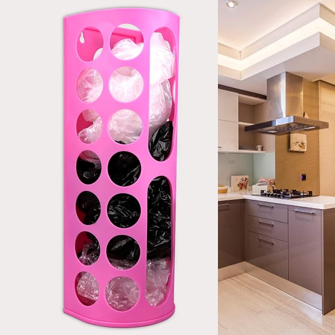 Lunies Wall Mount Bag Dispenser Large Capacity Plastic Bag Vinyl Holder - Multiple Large Holes for Easy Access Bags Great for Shopping Bags/Grocery Bags/Vinyl Storage Pink 2 Pack