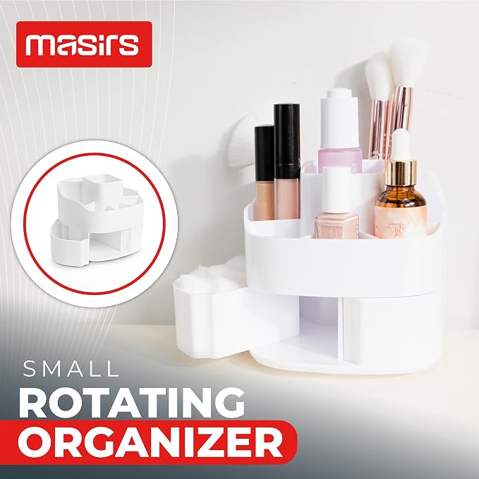 Masirs 360° Rotating Makeup Organizer – Small Acrylic Cosmetic Storage Caddy, 5 Compartments, Mini Lazy Susan for Vanity, Bathroom, Skincare, Brushes & Lipsticks, Square White