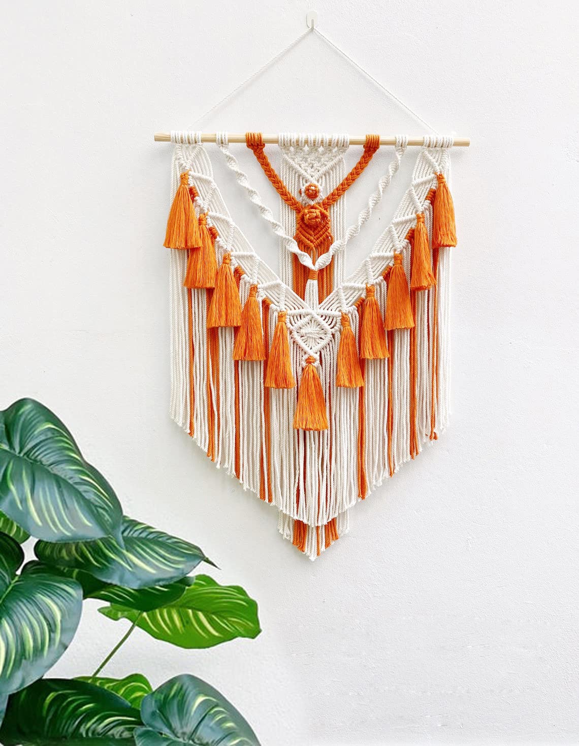 Boho Macrame Wall Hanging & Wall Decor, Cotton Handmade Tapestry with Tassel, Woven Macrame Wall Art for Decorating Bedroom Living Room Apartment Nursery (Orange)