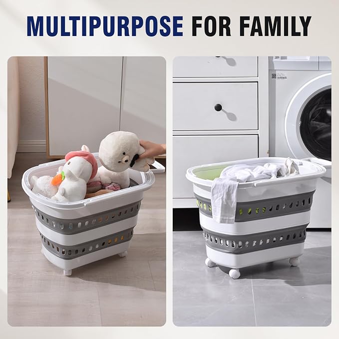 Collapsible Plastic Rolling Laundry Basket Hamper with Wheels, 45L Portable Rubber Clothes Basket, Pop Up Storage Container/Organizer for Washing & Storage, Grey
