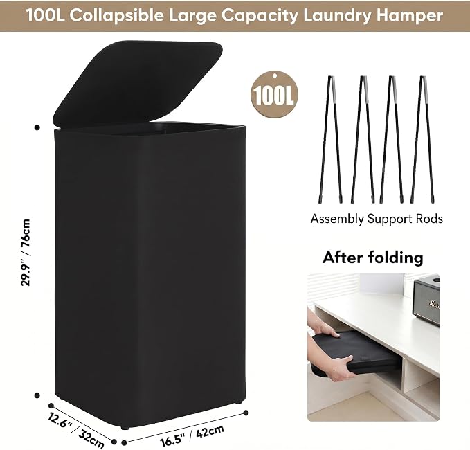 DOKEHOM 100L Laundry Hamper with Lid, Large Collapsible Laundry Basket with Removable Mesh Liner Bag, Collapsible Clothes Sorter for Bedroom, Bathroom, College Dorm, Black