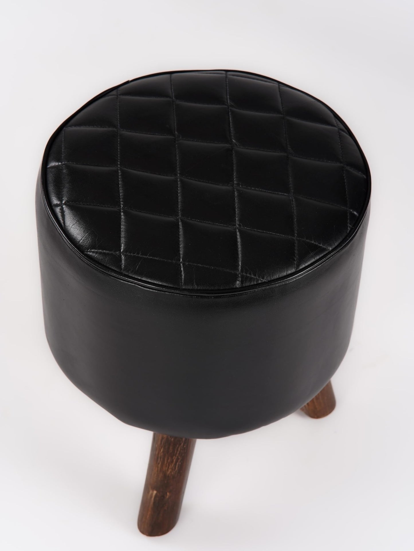 Handmade Eco-Friendly Geometric Buffalo Leather & Wood Black Round Ottomon Stool 18"X14"x14" from BBH Homes