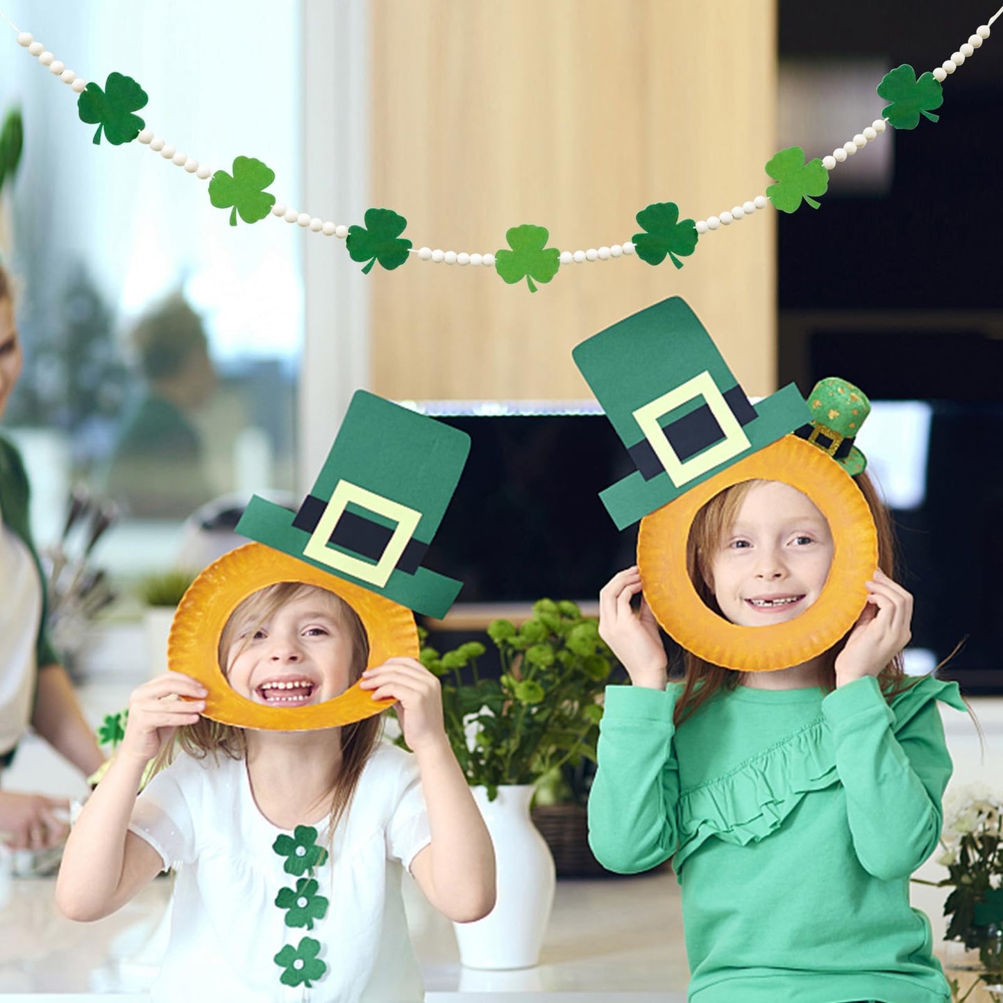 7.5 FT Beaded St Patricks Day Garland, Felt Shamrock Banner and Wooden Beads | Rustic Farmhouse Clover St Patricks Day Decorations for Home Bar Party, Shelf Display, Fireplace, Wall Decor