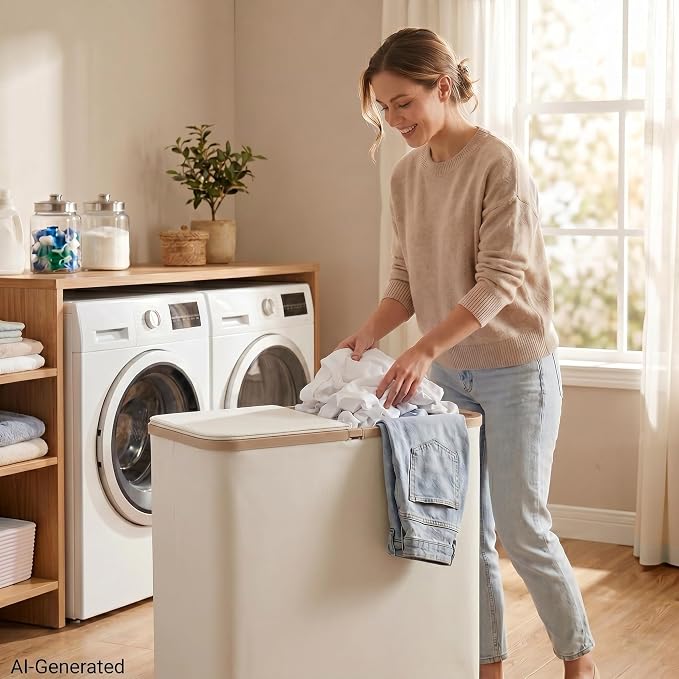 DOKEHOM 160L Extra Large Laundry Hamper with Lid, 2-Section Double Laundry Basket with Removable Mesh Liner Bags, Collapsible Clothes Sorter for Family, Bedroom, Laundry Room, Light Grey