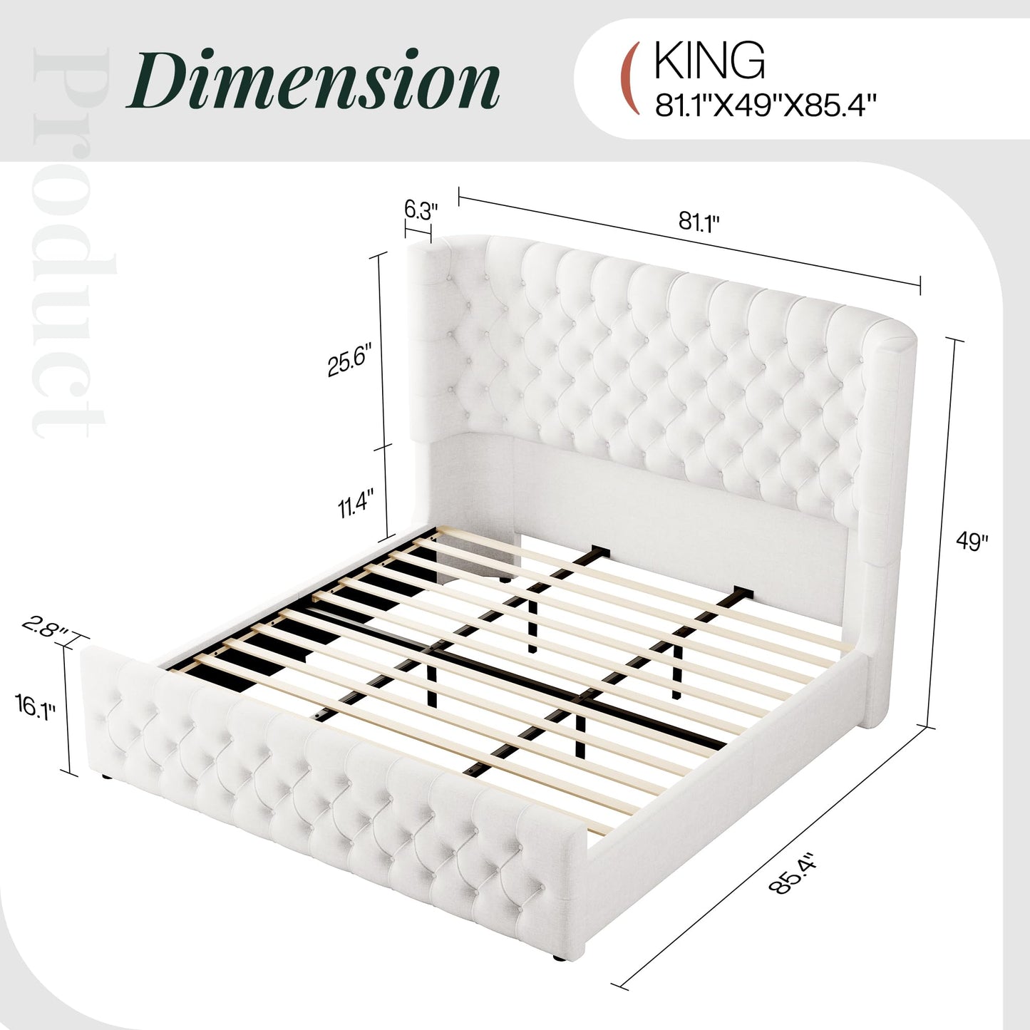 Jocisland King Size Platform Bed Frame, 6.3" Thick Upholstered Curved Wingback Headboard and Footboard with Deep Button Tufted, No Box Spring Needed, Easy Assembly, White Linen