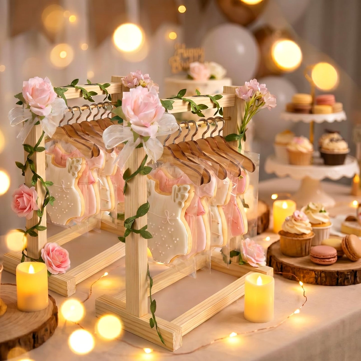 Suclain Mini Wooden Cookie Display Stand for Baby Shower Bridal Shower with 6 Hangers, Solid Wood Cookie Rack with Faux Flowers, Vines, Ribbon and Treat Bags for Wedding Tea Doll Party Dessert (Pink)