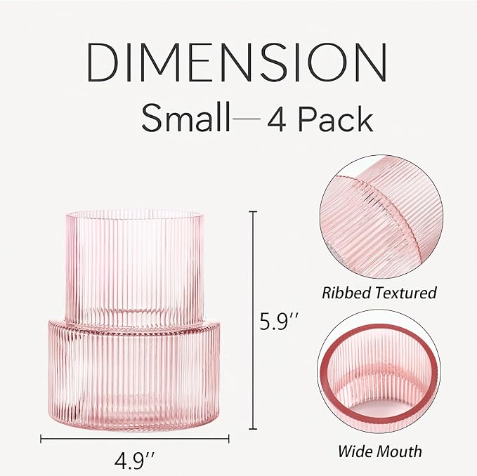 Ribbed Glass Vases, Set of 4 Small Vases for Flowers, Pink Glass Vase for Tulips, Modern Vase for Living Room, Kitchen, Office, Entryway, Bookshelf, Wedding Gifts, Birthday, 6 Inches