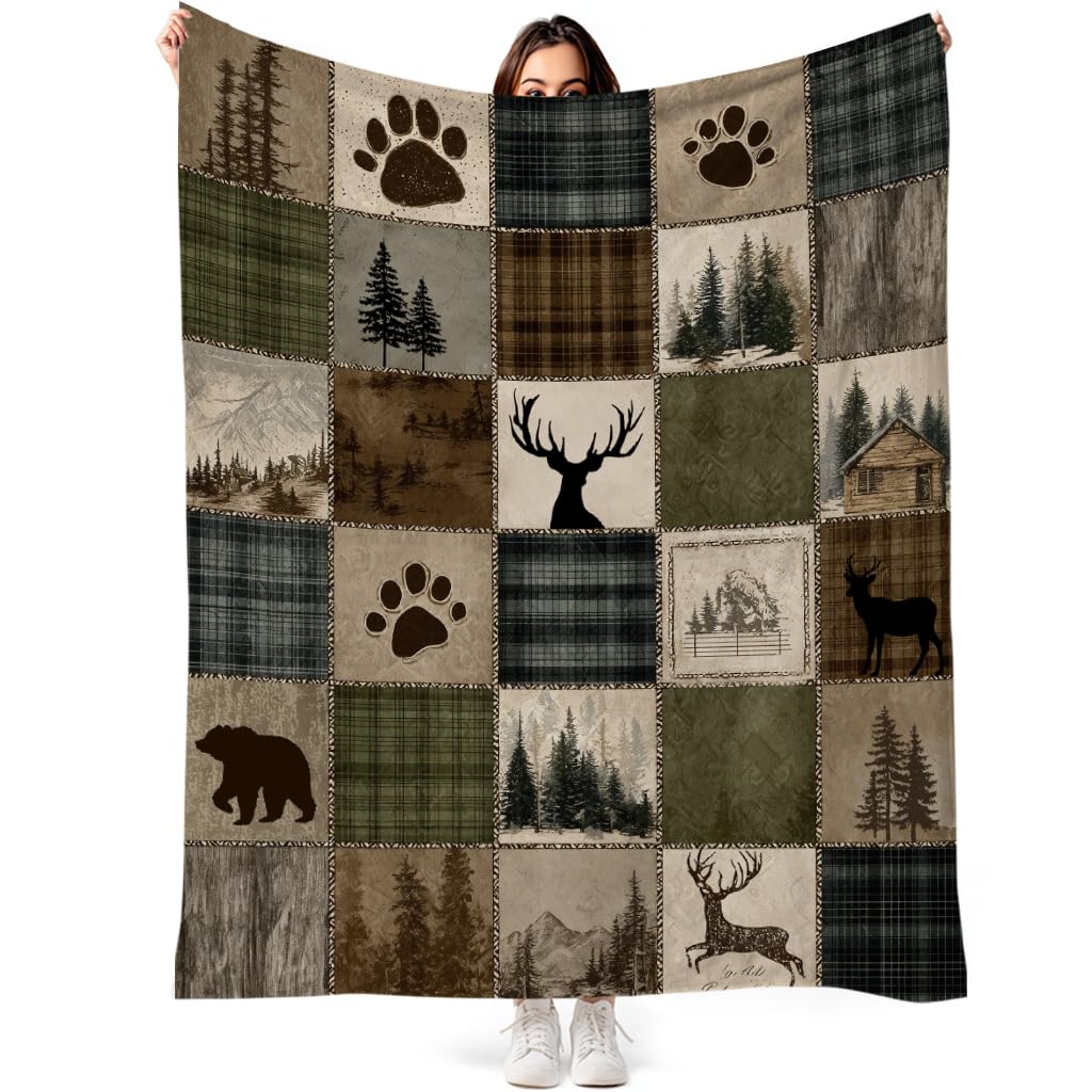 DEMCEAR Rustic Cabin Throw Blanket Wildlife Hunting Bear and Deer Brown Green Plaid Patchwork Lodge Blankets Soft Cozy Flannel Fleece for Living Room Bedroom Couch Sofa Bed Camping, 50x60 Inch