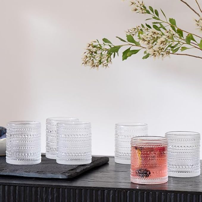 Hobnail Drinking Glasses set of 6 (13 oz), Vintage Glasses Drinking Set Cocktail Glasses, Embossed Glass Cup for Kitchen, Tumbler Glassware Set for Beer, Juice, Cocktail, Whiskey and Milk