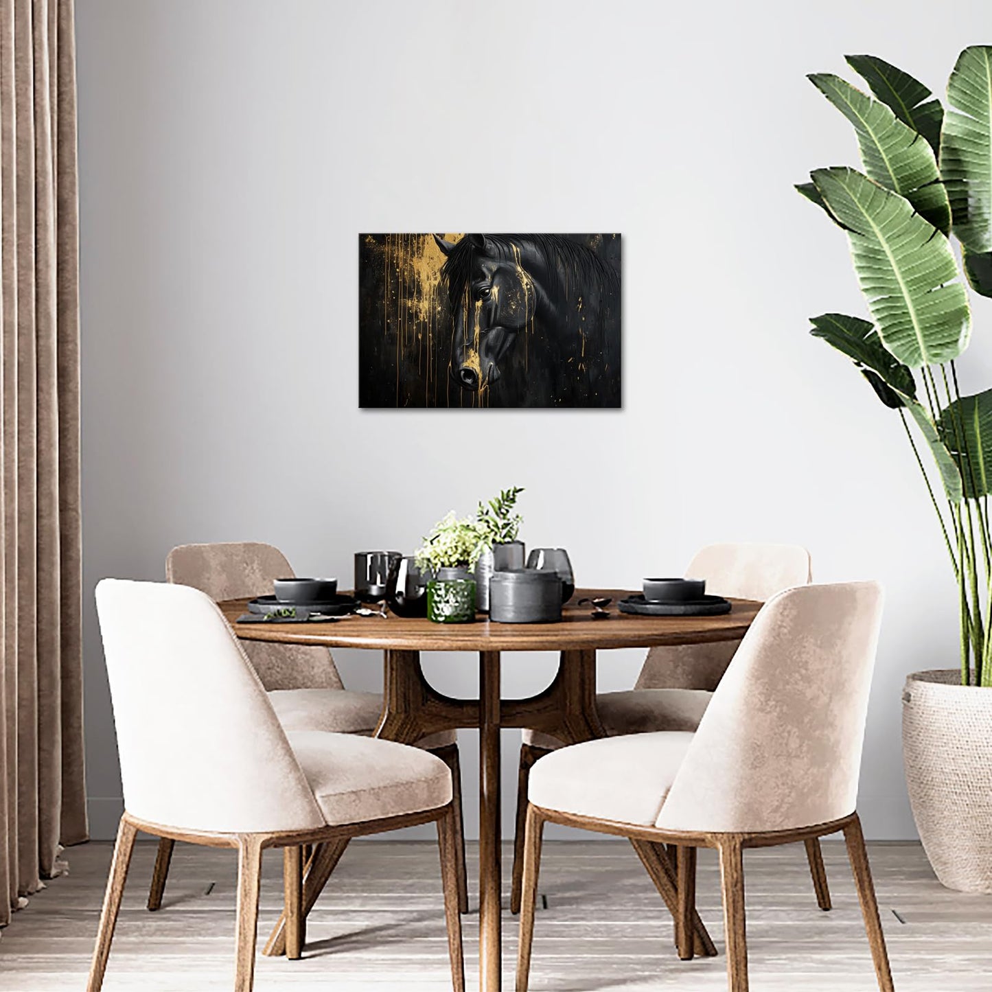 seteuret Black and Gold Wall Art, Abstract Horse Painting Prints - Drip Effect Canvas Artwork for Modern Office Decor, 16"x24"