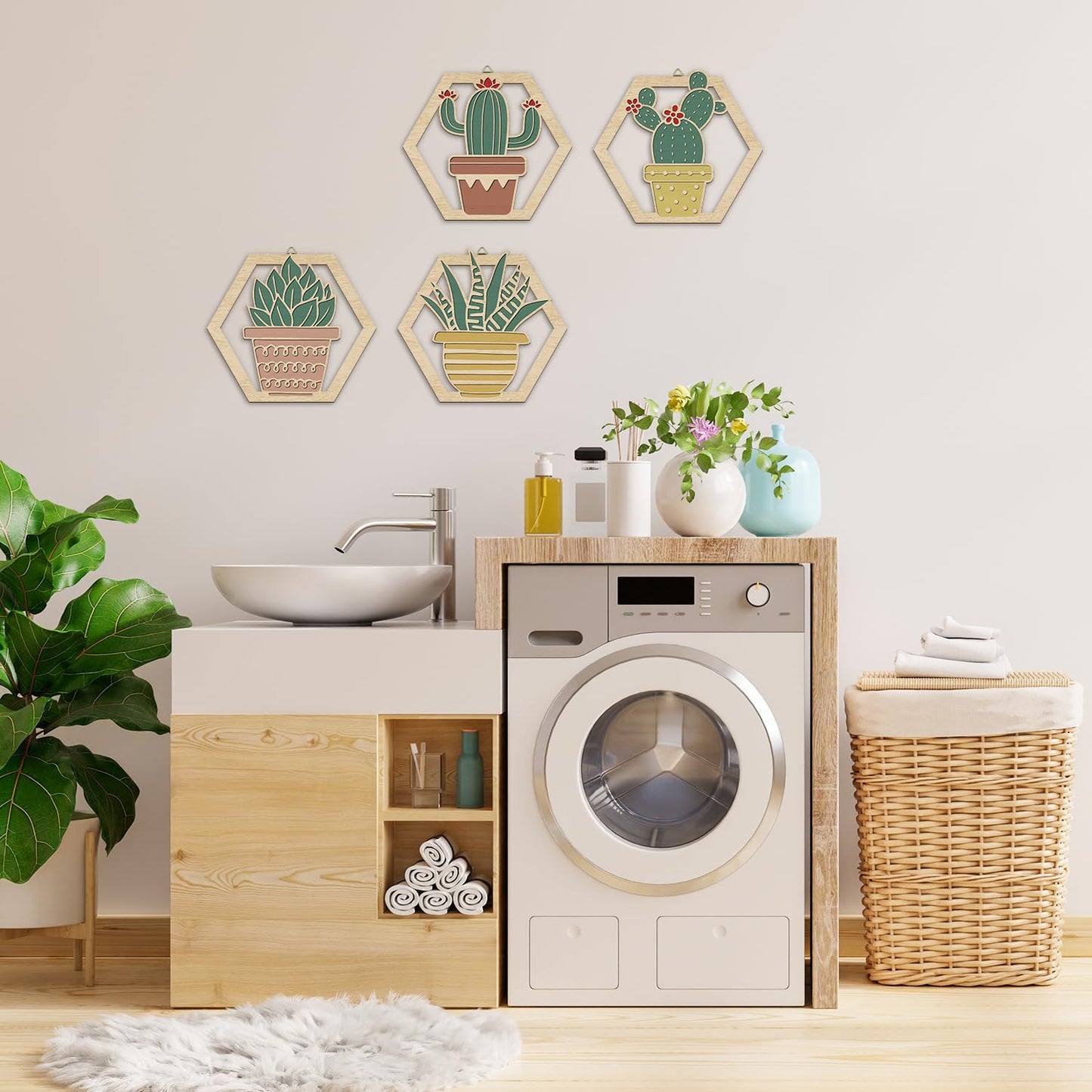 HOURIA 4Pcs Boho Cactus Wall Decor(10”x9”),Rustic Tropical Botanical Floral Wall Art,Hexagon Southwest Succulent Plant Wood Hanging Sign for Farmhouse Toilet Restroom Living Room Office