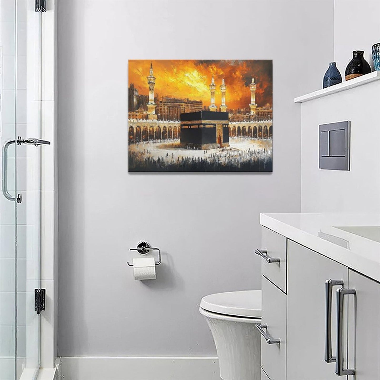 Islam Religious Wall Art Islamic Mosque Kaaba Pictures Wall Decor Black Gold Mecca Muslim Canvas Prints Painting Framed Artwork Decoration for Faith Bedroom Dining Room Living Room Office 16"x12"