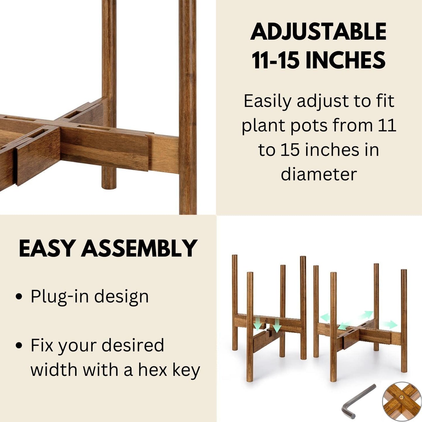 Fox & Fern Large Adjustable Plant Stand Indoor — 11 to 15 Inch Mid Century Bamboo Plant Stand - Plug In Design - Easy to Assemble - Two Heights - For 11, 12, 13, 14 & 15 Inch Pots (Not Included)