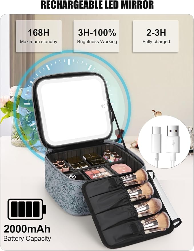 Relavel Travel Makeup Bag With LED Mirror for Women, Cosmetic Organizer Bag with Adjustable Brightness in 3 Color Scenarios, Detachable Dividers, Waterproof Train Case for Daily - Dark Blue FLower