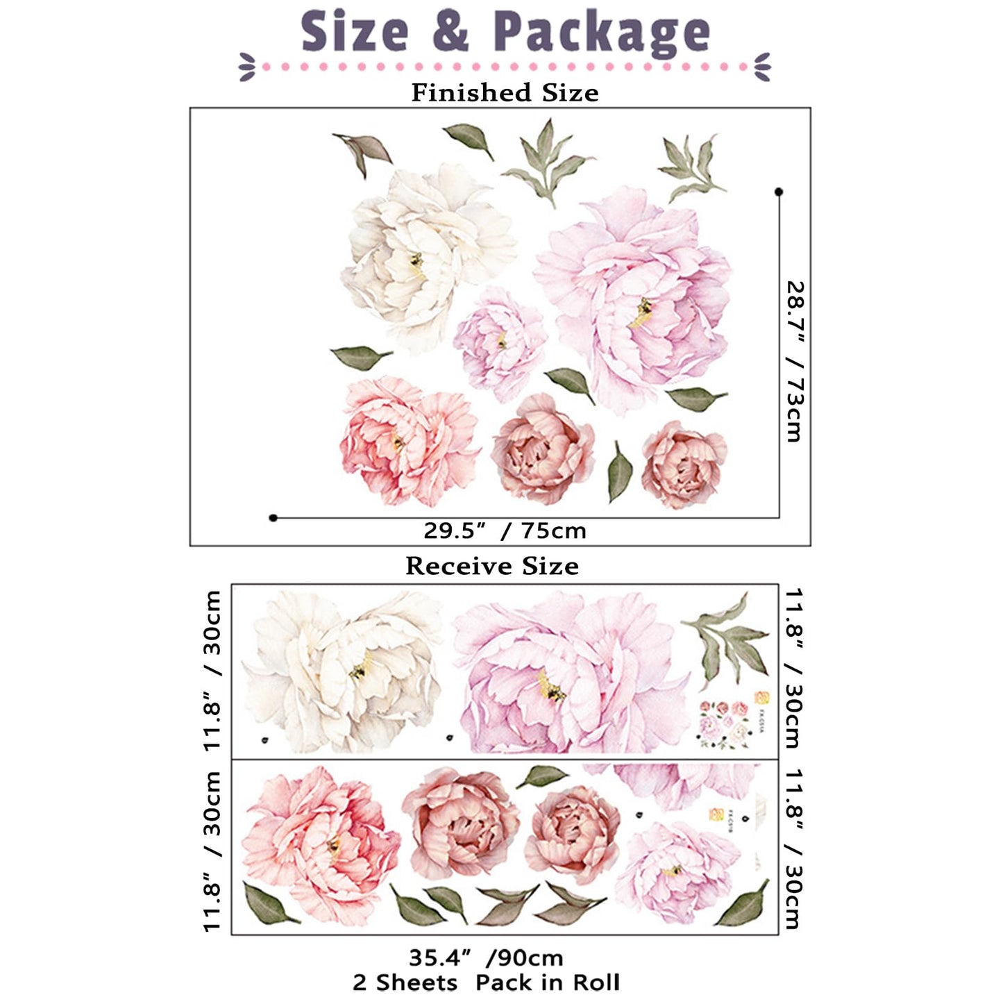 Watercolor Peony Flowers Wall Decals Floral Wall Stickers for Living Room, Delicate White & Pink Flowers Wall Posters Vinyl Blossom Art Applique for Bedroom Girls Room