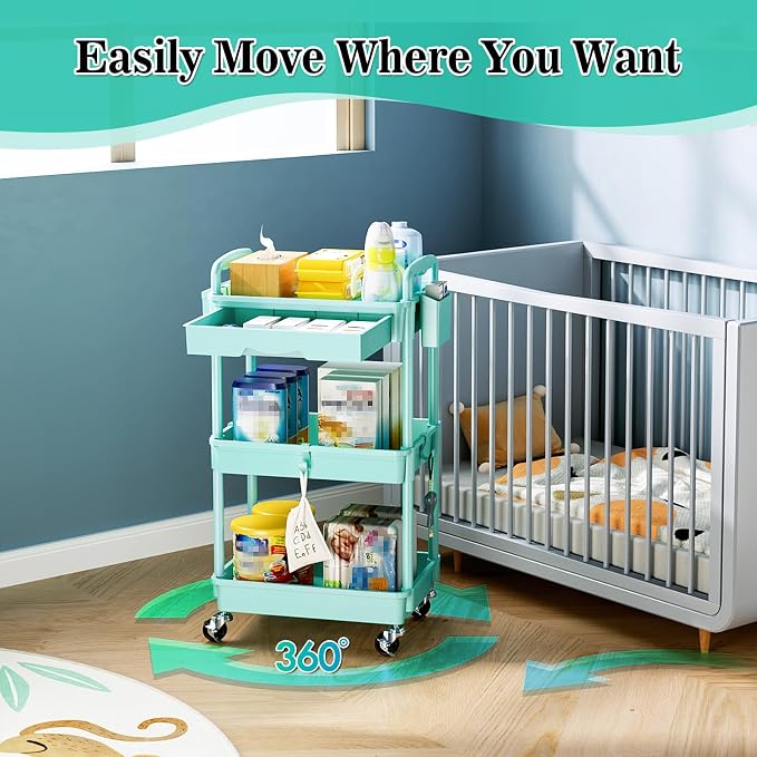 SUNALLY 3-Tier Rolling Cart with Drawer & Lockable Wheels, Bathroom Storage Organizer Multifunctional Rolling Storage Cart for Bathroom, Kitchen, Office, Craft, Makeup, Baby Essentials, Blue