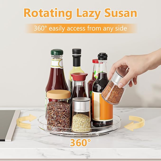 4 Pack Clear Lazy Susan, 9+10 Inch Turntable Organizer, Non-Skid Rotating Tray for Cabinet, Kitchen Pantry Organization and Storage, Acrylic Spinner for Refrigerator, Bathroom Vanity and Spice Rack