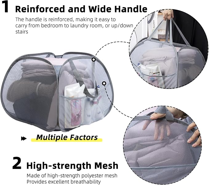 Collapsible Laundry Basket, 90L Foldable Pop-up Laundry Hamper with Handles, Square Mesh Dirty Clothes Hamper for Laundry, Bathroom, Kids Room, Dorm,Travel or Camping (Gray)