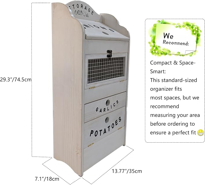 ARTAWEIN Pine Wood Veggie Bin for Potato, Onion and 1 Garlic Drawer Vegetable Box for Kitchen Storage, Solid Wood Vegetable Bin 13.77" L X 7.1" W X 29.3" H (Rustic White)