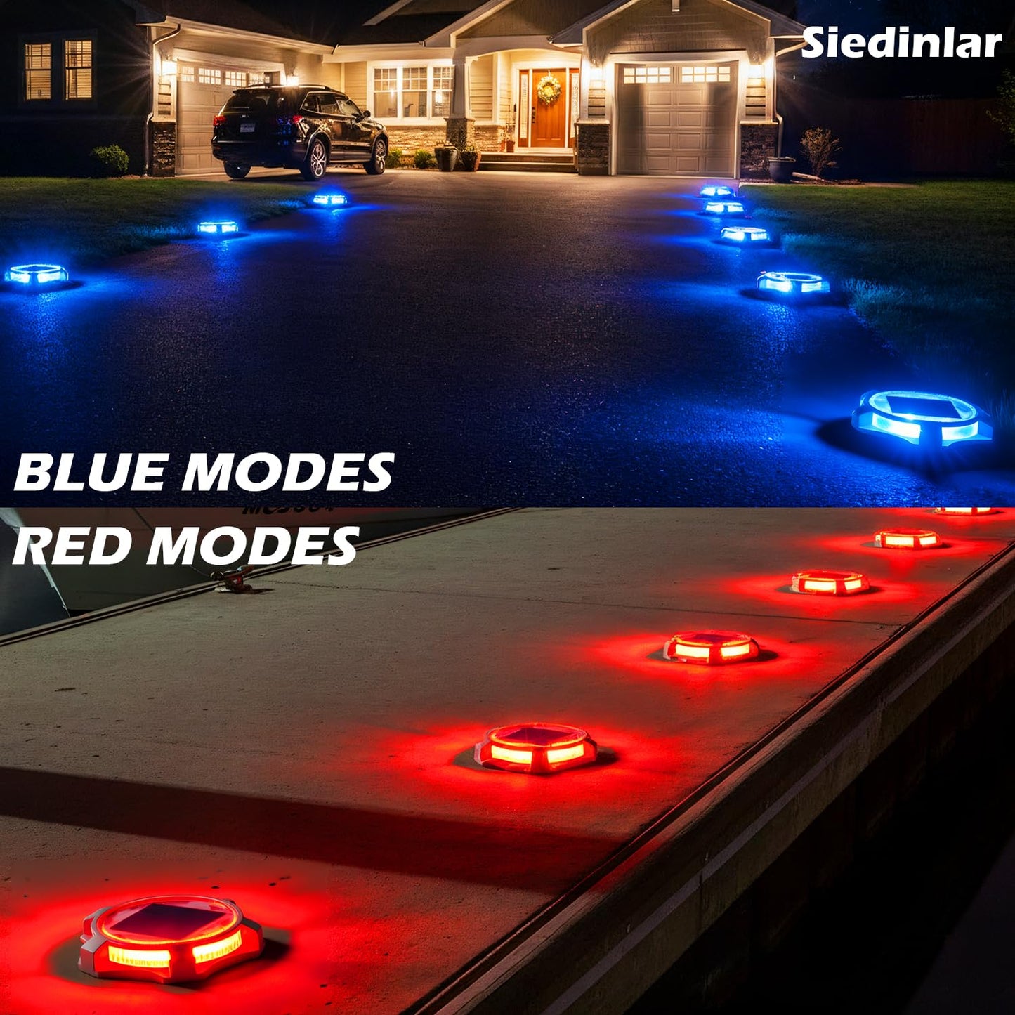 SIEDiNLAR Solar Deck Lights Outdoor 2 Modes LED Driveway Markers Dock Light Solar Powered Waterproof for Step Walkway Ground Stair Pathway Yard Road Garden 4 Pack (Blue/Red)