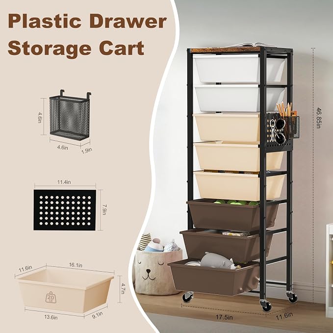 Rolling Cart with Drawers, Rolling Storage Cart with Large Plastic Drawers & Wooden Tabletop, Utility Cart with Pegboards & Basket, Storage Drawers Cart for Living Room, Classroom, Bedroom, Office