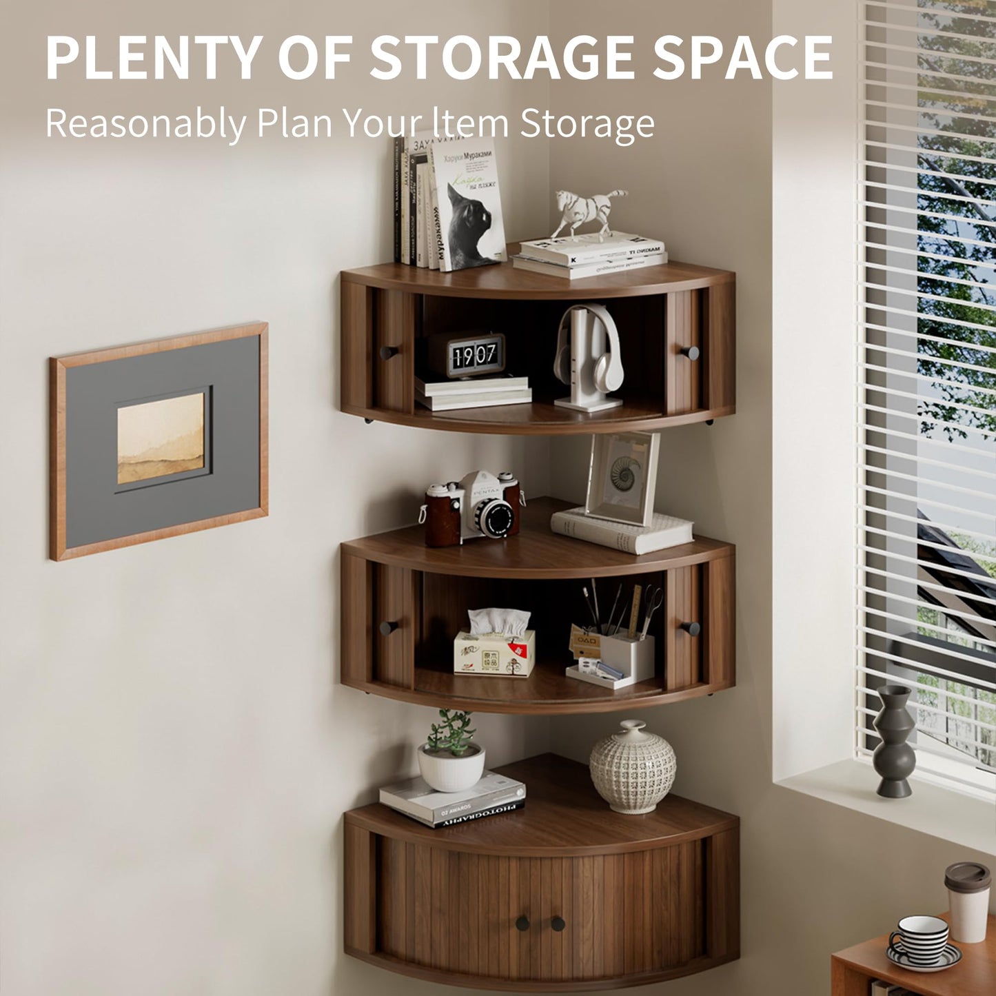 tauxkoi Corner Shelves Wall Cabinet Set of 3, Floating Corner Shelf Organizer with Sliding Doors, Fluted Wall Cabinet for Living Room, Bedroom, Office, Small Space, Walnut (Curved, 15.74“)