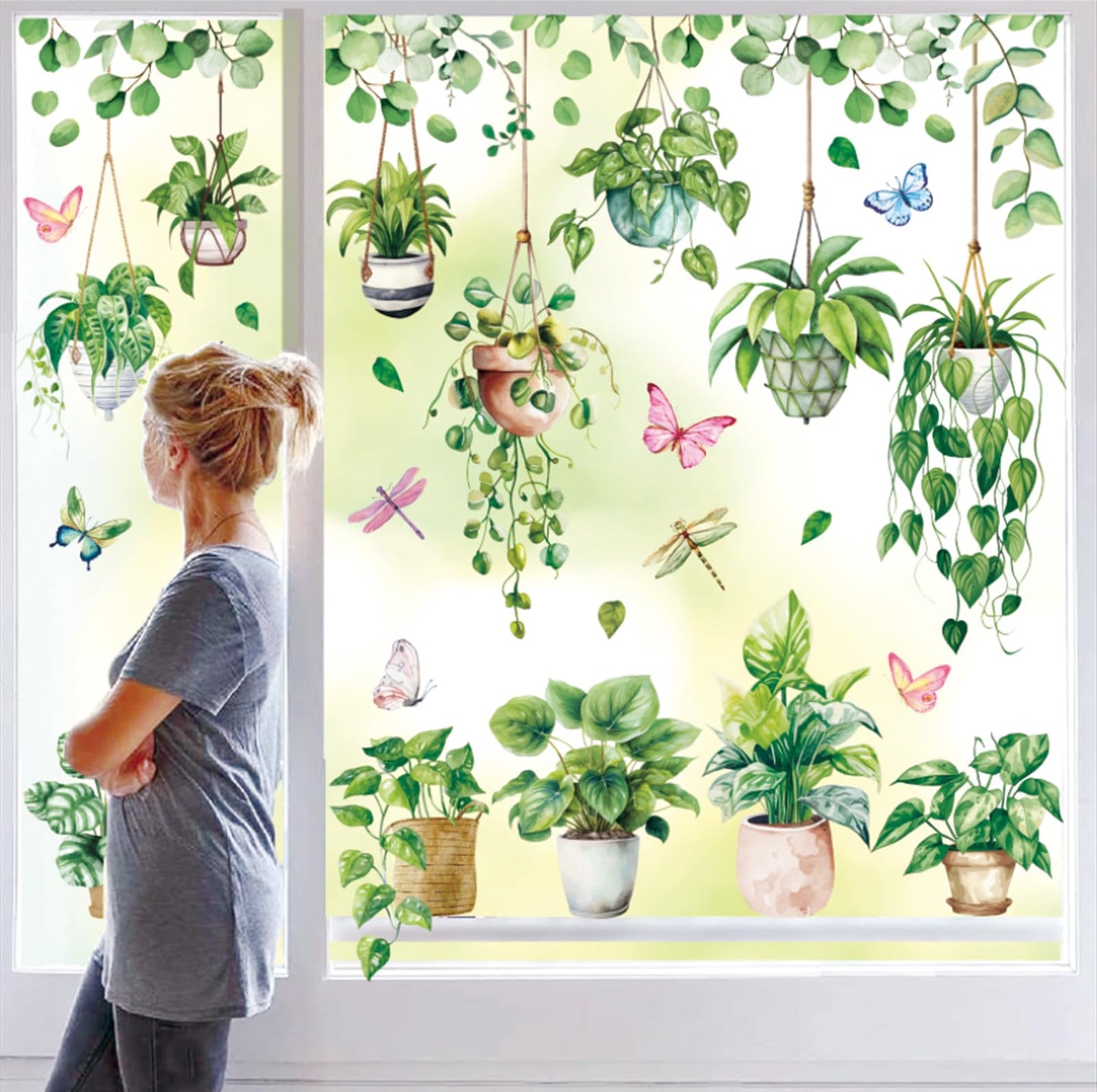 Whaline 6 Sheet Spring Summer Potted Plant Window Clings Hanging Vine Plant Eucalyptus Leaves Reusable Window Decals for Home School Office Party Supplies