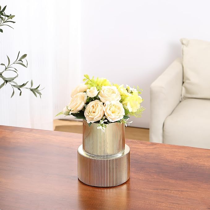 Ribbed Glass Vase, Flower Vase, Fluted Gold Vases for Flowers, Modern Vases for Living Room, Dining Table, Entryway, Shelf, Wedding, Office, Coffee Table, Birthday, 7.5 Inches