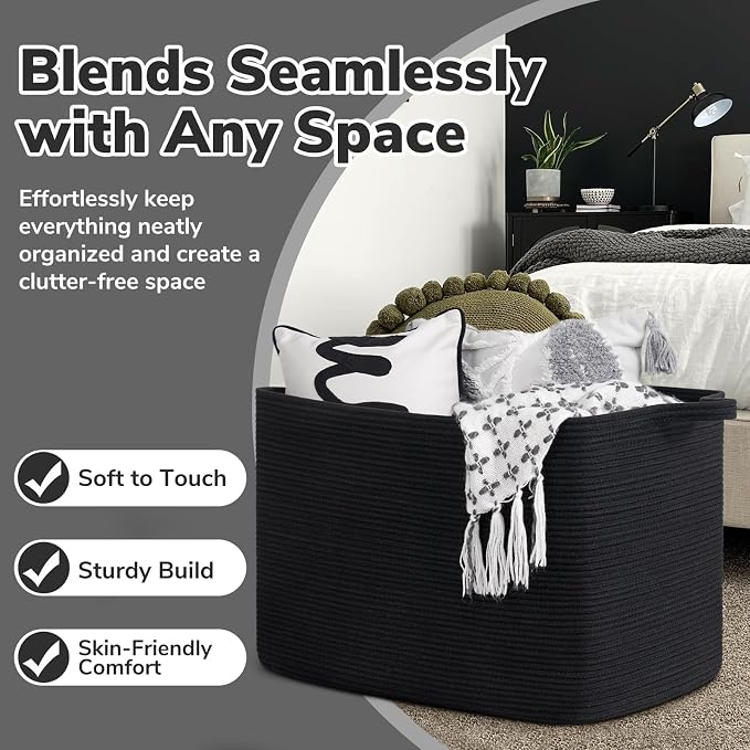 Goodpick Large Woven Storage Basket, 105L Extra Large Blanket Basket for Living Room, Bedroom, Rectangle Cotton Rope Organizer for Toy Storage, 25”x16”x16”, Black