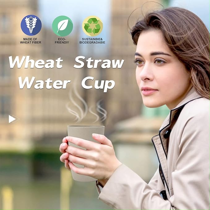 Wrova Wheat Straw Cups 6 PCS Good Alternative to Plastic Reusable Cups 12 oz Unbreakable Drinking Cup Reusable Dishwasher Safe Water Plastic Glasses Beige