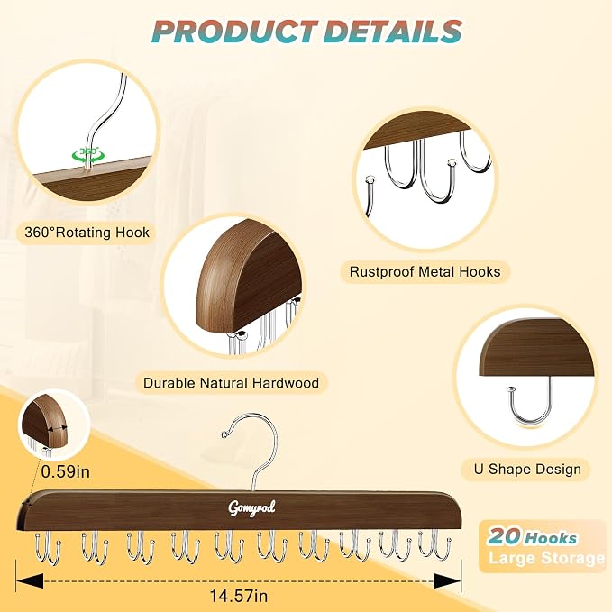 Gomyrod Bra Hanger for Closet, 2 Pack Tank Top Hangers w/20 Hooks Holds 40 Bras, Capacity Foldable Wood Space Saving Hanger, 360°Rotating Closet Organizers and Storage for Dorm & Apartment（Brown）
