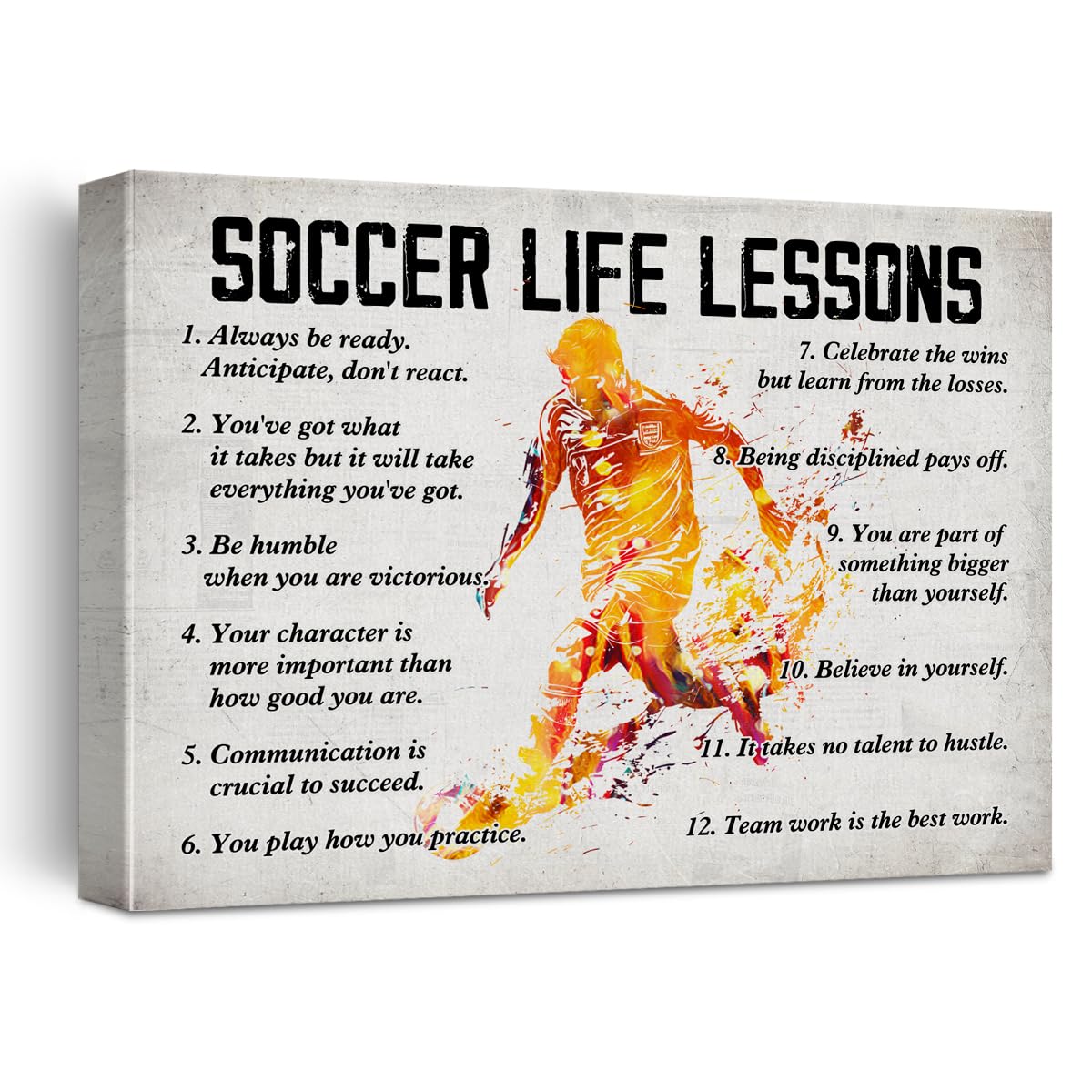 Hijie Soccer Poster Canvas Wall Art Home Decor, Soccer Life Lessons Inspirational Canvas Print Painting Ready to Hang, Soccer Gifts for Men - Easel & Hanging Hook 12x15 Inch