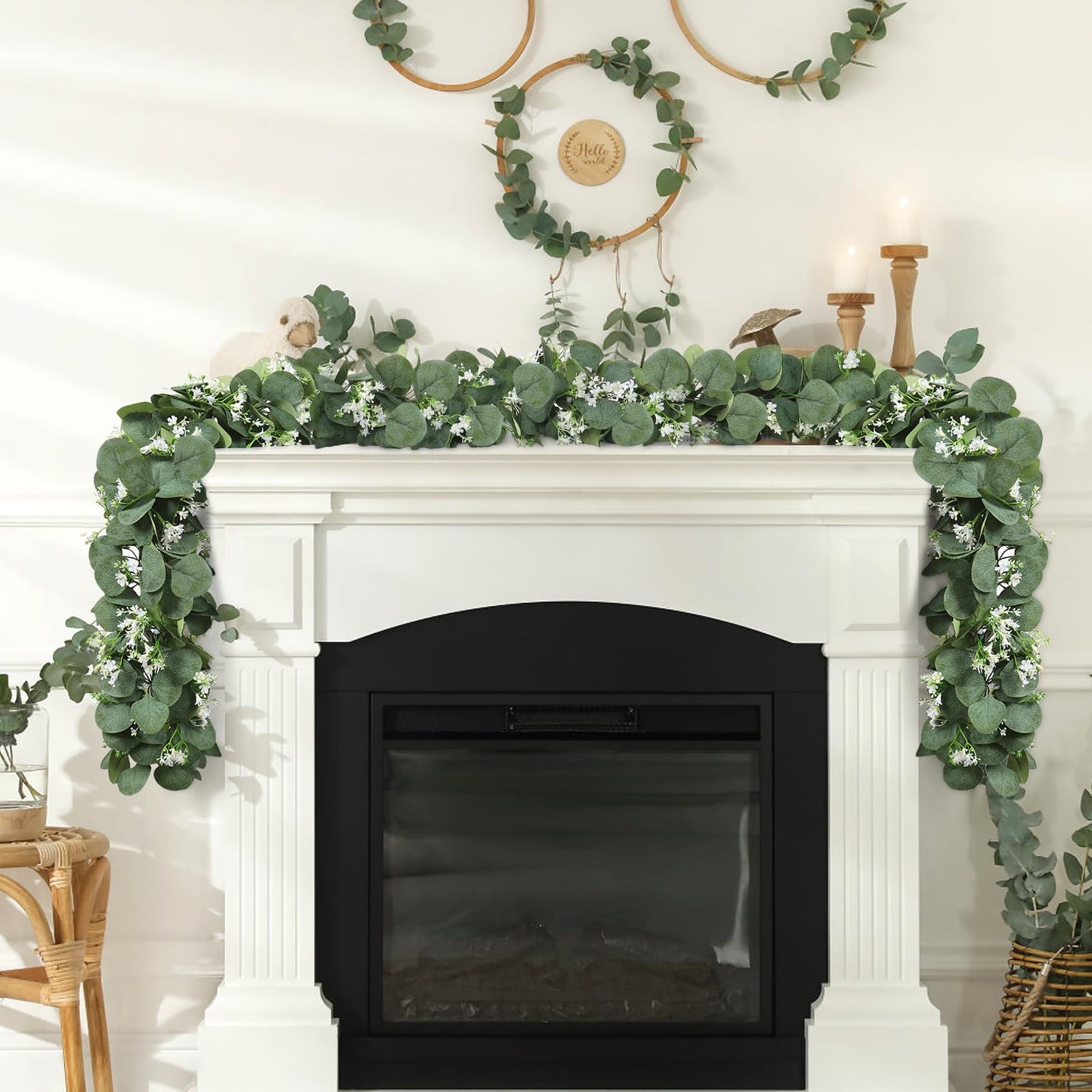 KHOYIME Eucalyptus Garland with White Flowers, 4 Packs 5.9Ft Artificial Silver Dollar Eucalyptus Leaves Plant Fake Greenery Hanging Ivy Vines Faux Wreath for Wedding Arch Party Mantle Table Home Decor