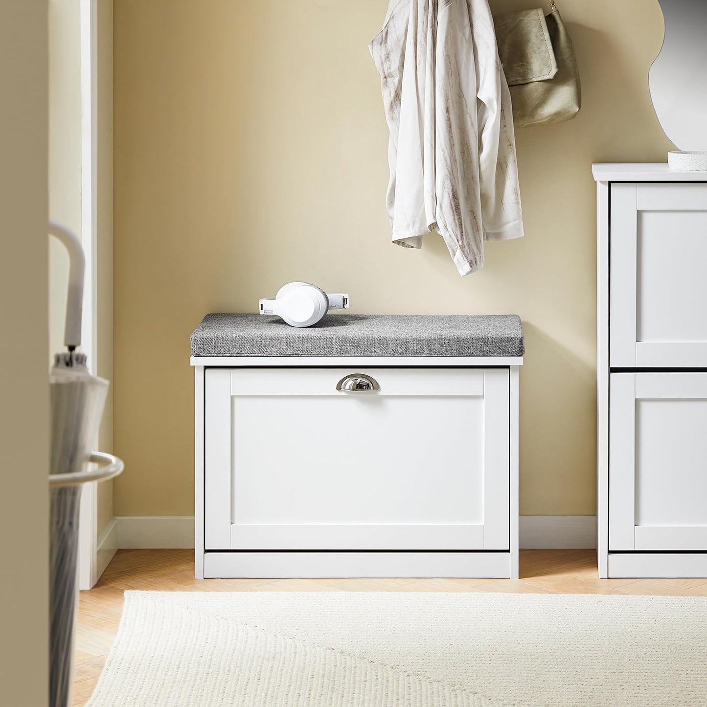 Haotian Small Shoe Storage Bench with Cushion, White Narrow Shoe Rack for Entryway, Small Shoe Cabinet with 2 Tiers Flip-Drawer, FSR195-K-W
