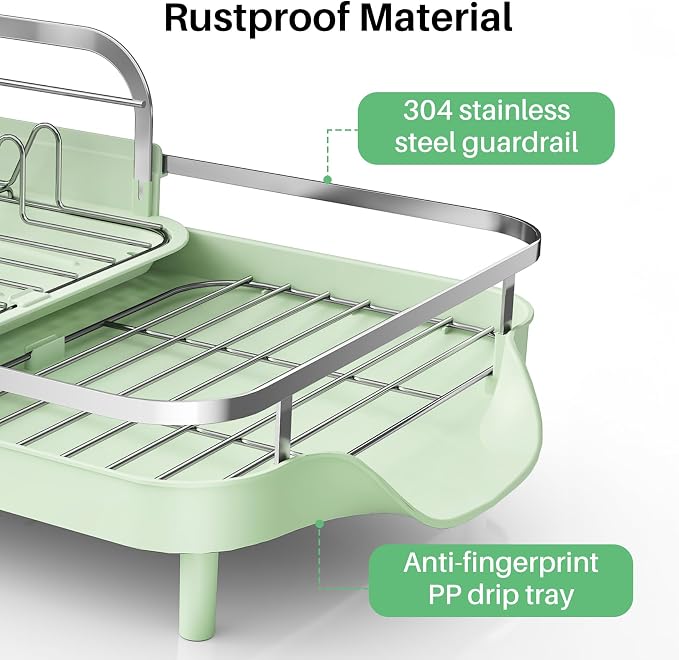 SAYZH Dish Drying Rack - Expandable Dish Rack for Kitchen Counter, Rust-Resistant Dish Drainer with Utensil Holder and Raised Guardrail, Kitchen Organizer for Cup and Bottle (Green)