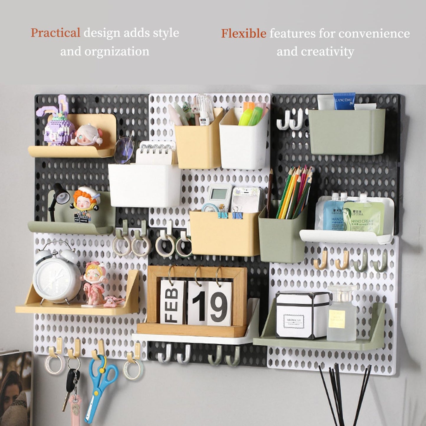 Halyuhn Pegboard Wall Organizer Combination Kit, Wall Organizer with 4 Pegboards and 20 Accessories Hanging, Wall Mounted Peg Board Display Panels for Home and Office - 19.5” x 9.5” (White and Black)