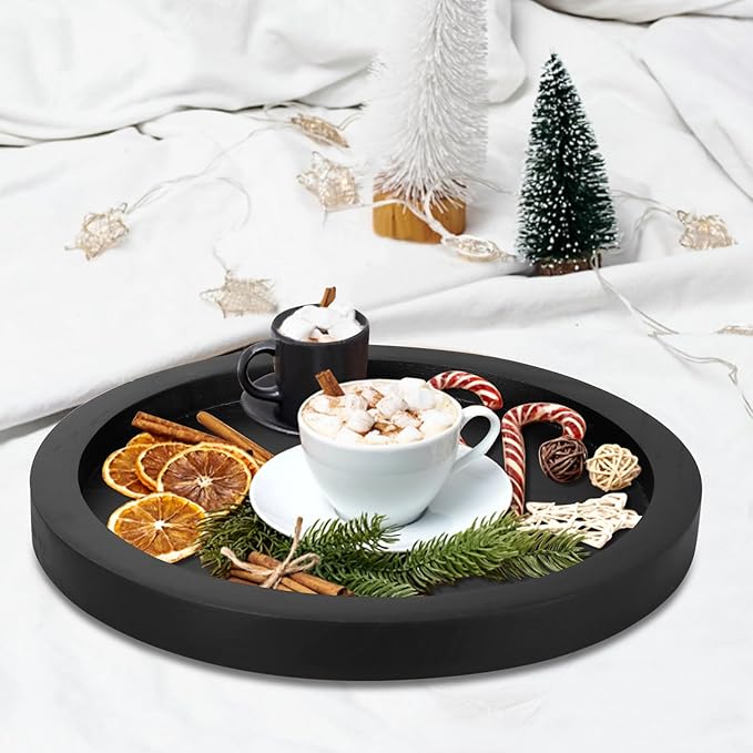 Round Decorative Tray for Coffee Dining Table Countertop Small Wooden Serving Trays Farmhouse Kitchen Home Living Room Decor and Bathroom Accessories Tray Black Rustic Wood Candle Centerpiece Trays