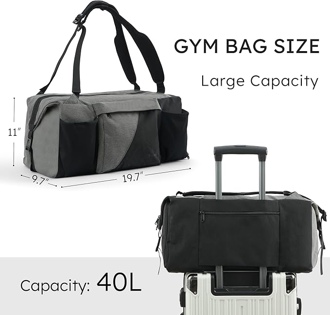 Gym Bag for Men with Shoes Compartment and Wet Pocket Convertible Duffle Bag and Gym Backpack Waterproof Sports Bag with 2 Bottle Holders Weekender Overnight Bag - Black&Grey