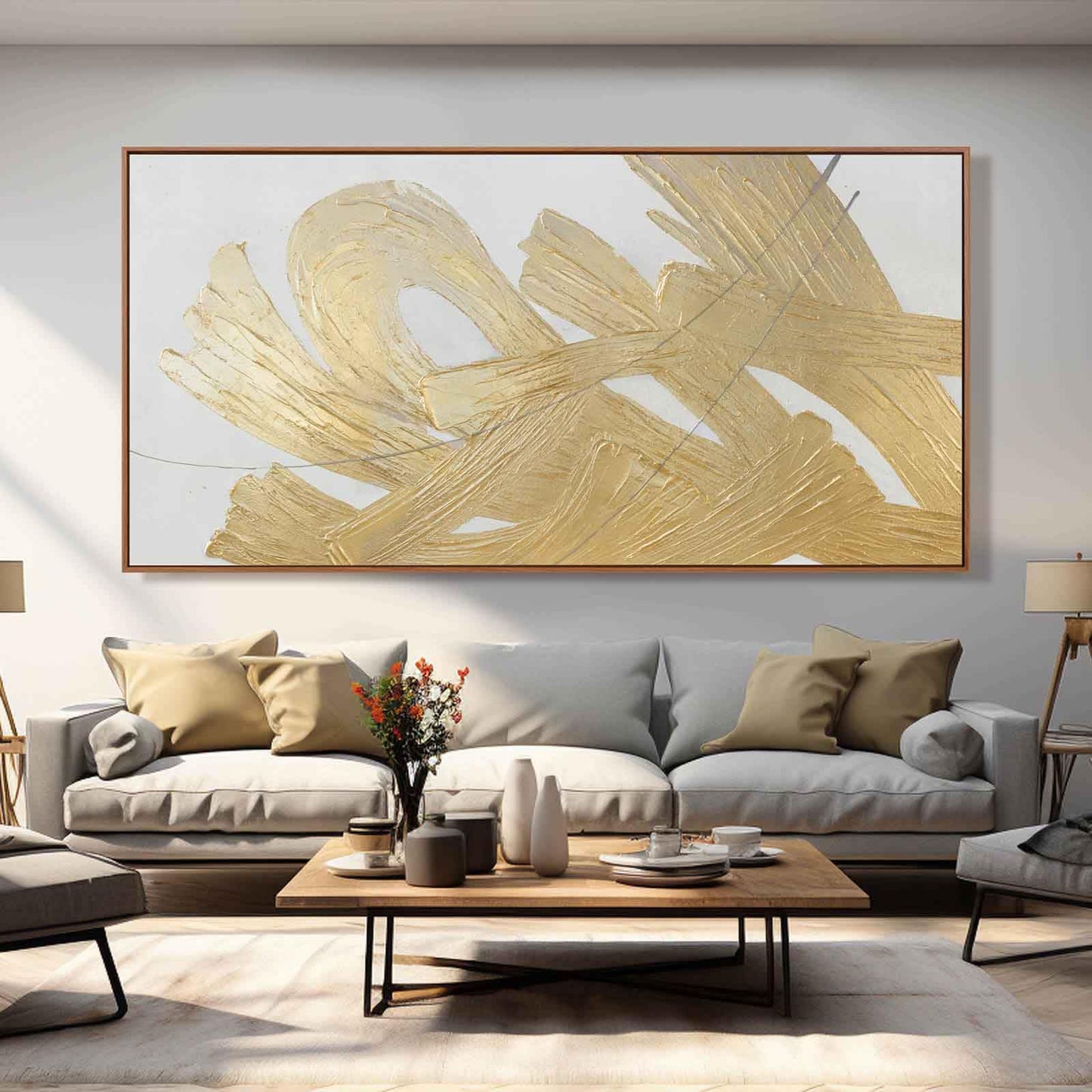 Large Gold Wall Art Abstract Canvas Wall Decor Framed Arts Pictures Modern Artwork Hand Drawn Paintings 36"x70"