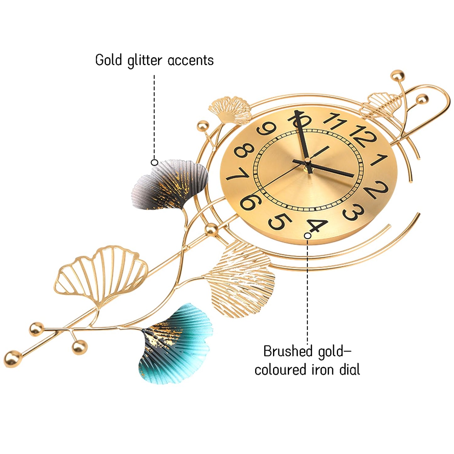 FILLOVE Elegant Metal Wall Clock with Silent Round dial and Gold and Blue Leaves, Modern Non-Walking Silent Metal Wall Clock for Living Room, Bedroom, Study, Office (25in*12in) (Gold Leaf)