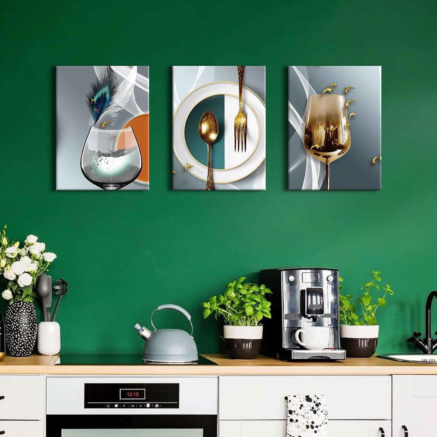 Dining Room Wall Art Set of 3 Teal Gold Wine Glass Wall Art Modern Abstract Wine Pictures Wall Decor Kitchen Tableware Canvas Wall Art Gray Gold Dining Room Wall Decor Kitchen Home Decoration 12x16"