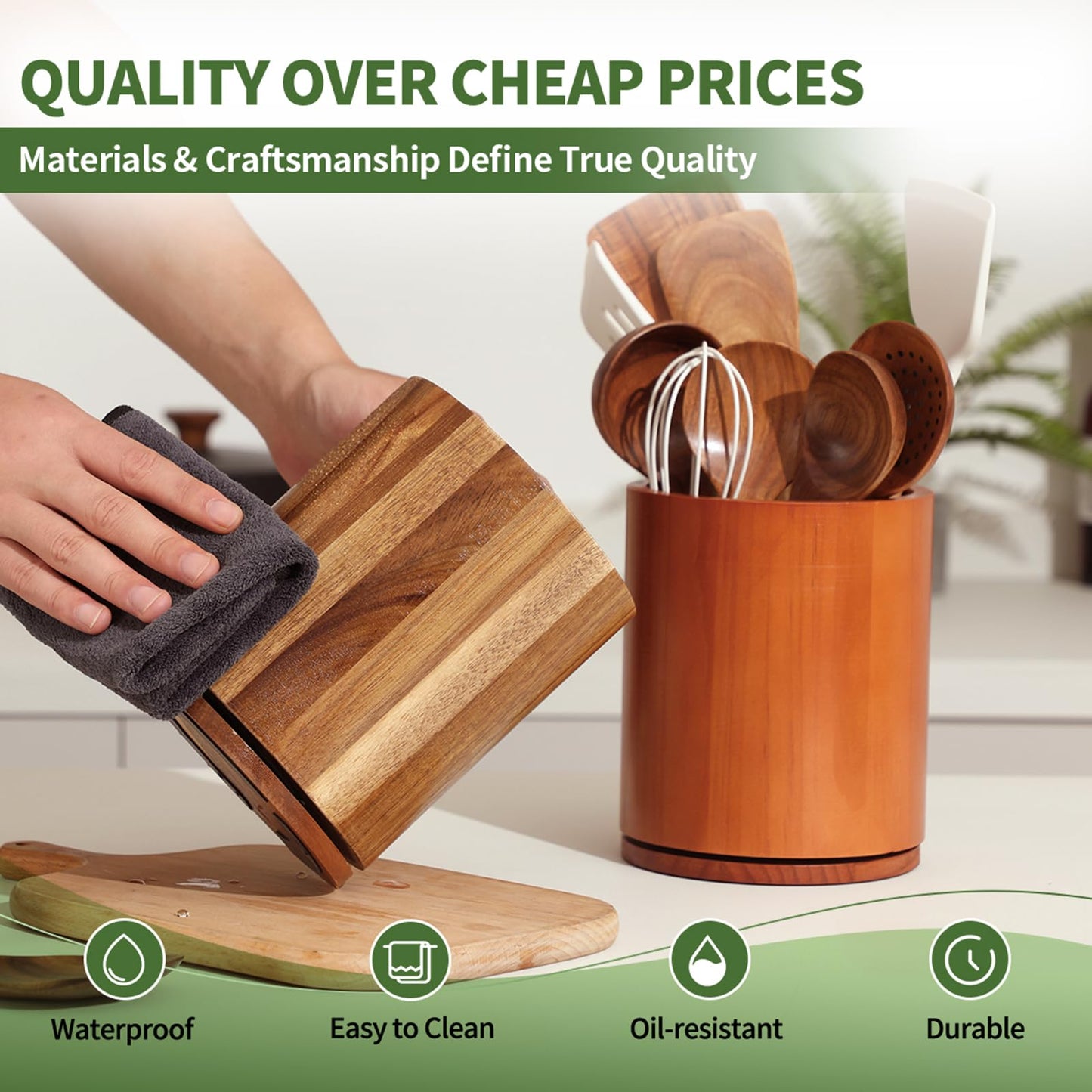 gorsent Wooden Utensil Holder, 360°Rotating 7.3'' Large Utensil Holder for Kitchen Counter, Kitchen Utensil Organizer, Utensil Crock, Farmhouse Kitchens Countertop Decor, Acacia Wood
