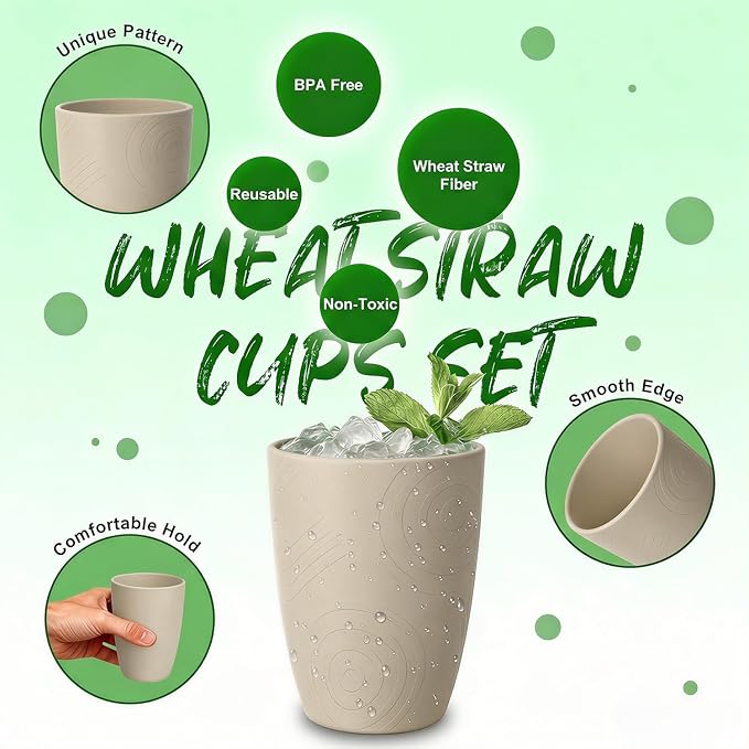 Unbreakable Wheat Straw Cups, Alternative to Plastic Cups Set 6 PCS, 16 OZ Drinking Cups Reusable, Dishwasher Safe Tumblers & Water Glasses for Kitchen RV Party Outdoor, Beige