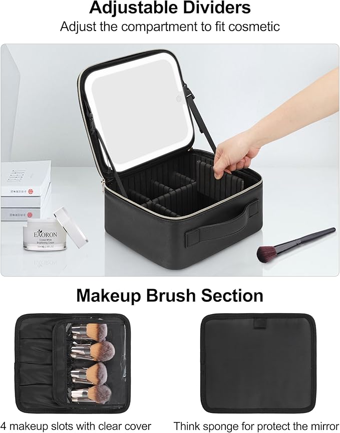 Chomeiu Makeup Bag with LED Mirror, Travel Makeup Case for Women and Makeup Artists Cosmetic Organizer Large Make Up Bags with Light Up Mirror, 3 Color Lights with Separate Brush Holder