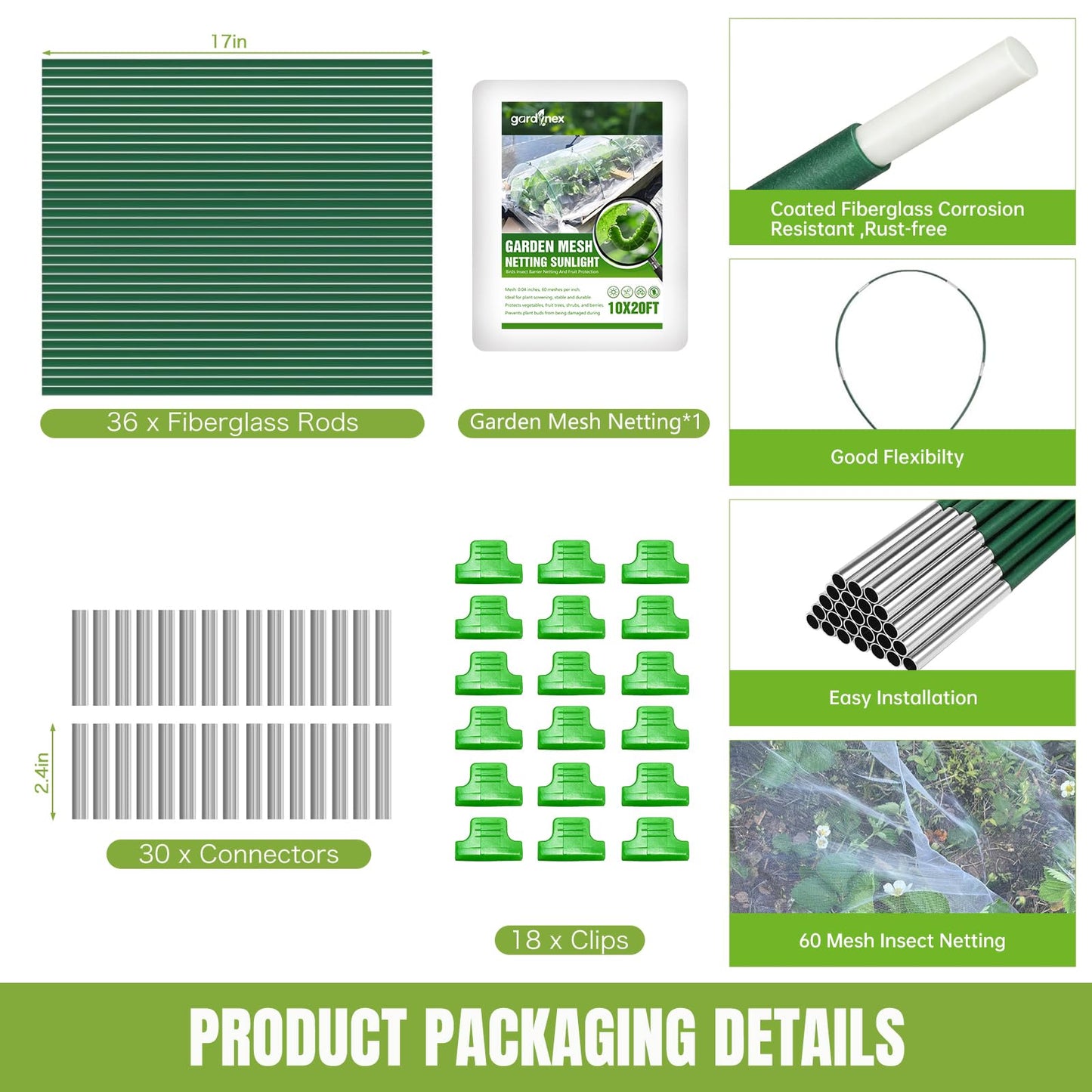 Gardynex Garden Netting Kit with 36Pcs Garden Hoops, 10x20FT Ultra-Fine Mesh | Insect Barrier for Vegetables, Fruits & Flowers | Raised Bed & Row Cover Protection